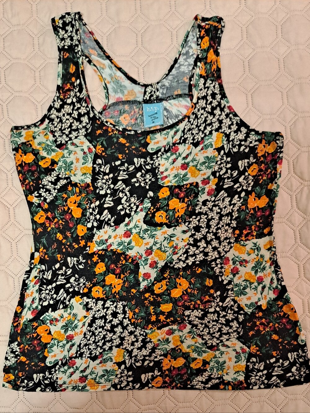 H.i.p. Black Floral Patchwork Racerback Tank with Orange & Green Blooms
